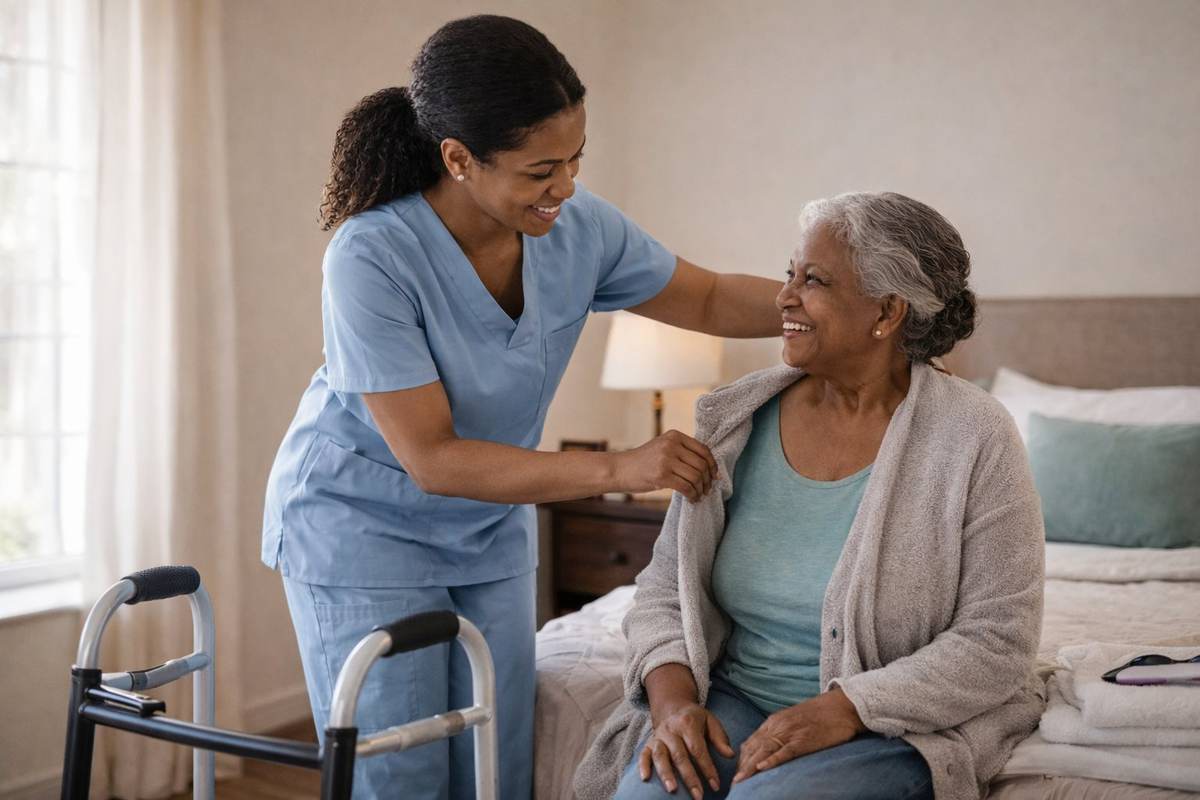 Caregiver assisting resident